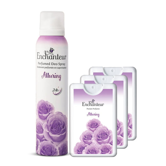 Enchanteur Alluring Perfumed Deo Spray 150ml & Alluring Pocket Perfume, 18ml (Pack of 3) By Enchanteur