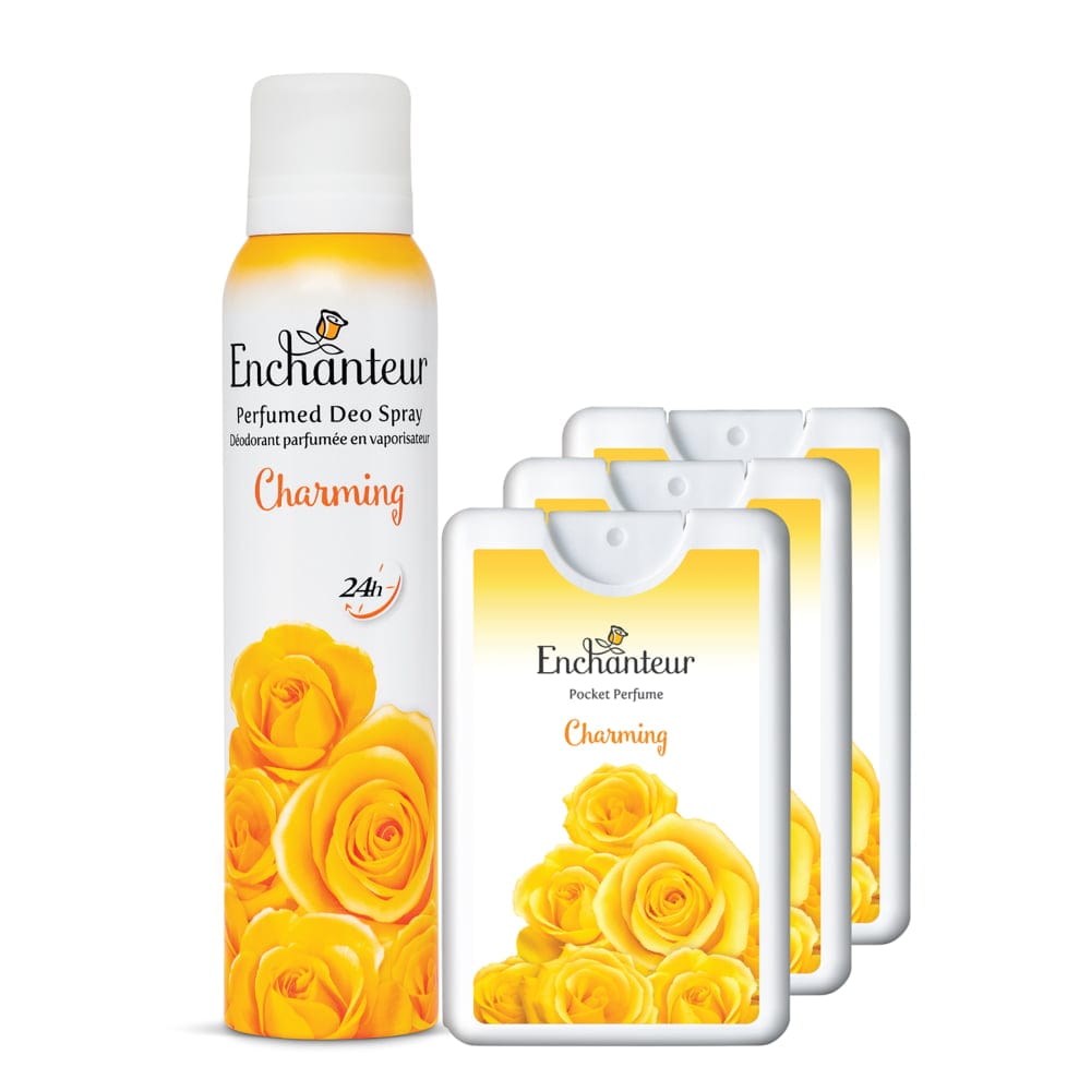 Enchanteur Charming Perfumed Deo Spray 150ml & Charming Pocket Perfume, 18ml (Pack of 3)