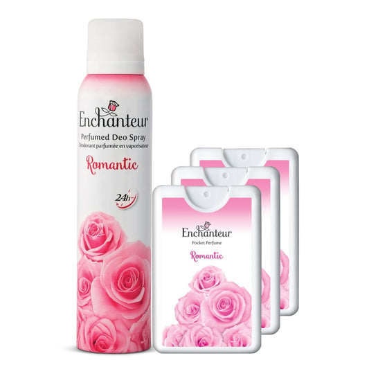Enchanteur Romantic Perfumed Deo Spray 150ml & Romantic Pocket Perfume, 18ml (Pack of 3)